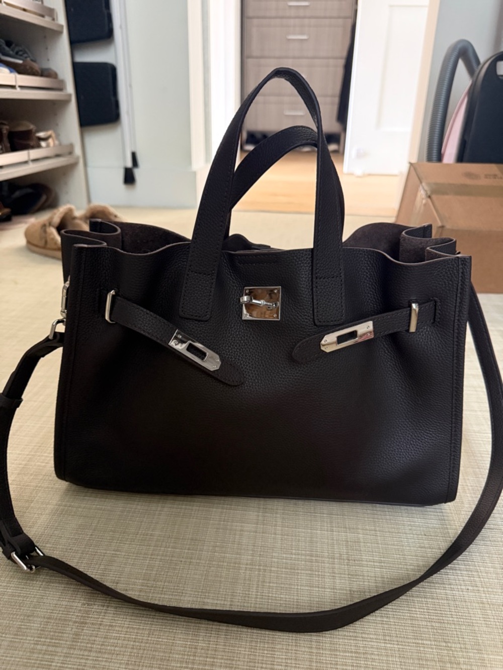 Dark Chocolate Leather Structured Tote Handbag with Silver Hardware